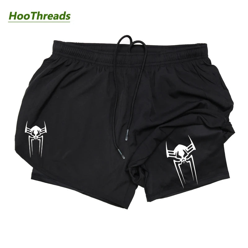 Spider Print 2 in 1 Performance Shorts for Men Gym Workout Running Summer Breathable Quick Dry Athletic Shorts with Pockets